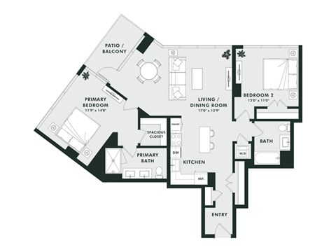 Floor plan for 2 beds, 2.5 baths, 1192 sqft